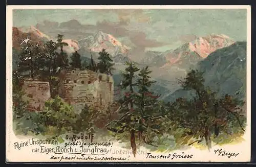 Lithographie Interlaken, Ruine Unspunnen mit Eiger, Mönch u. Jungfrau