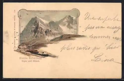 AK Kleine Scheidegg, Ortsansicht mit Eiger und Mönch, im Rahmen