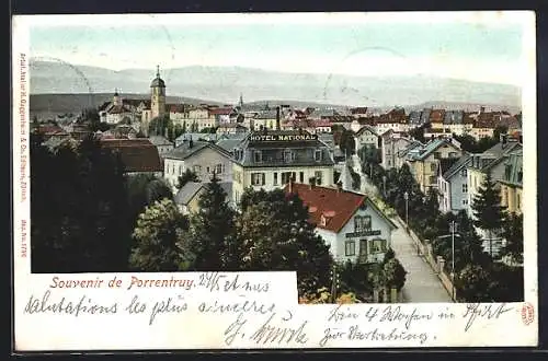 Lithographie Porrentruy, Ortsansicht aus der Vogelschau, Hotel National