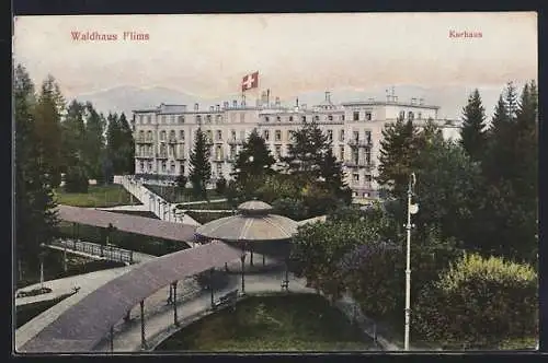AK Waldhaus Flims, Kurhaus mit Strassenpartie