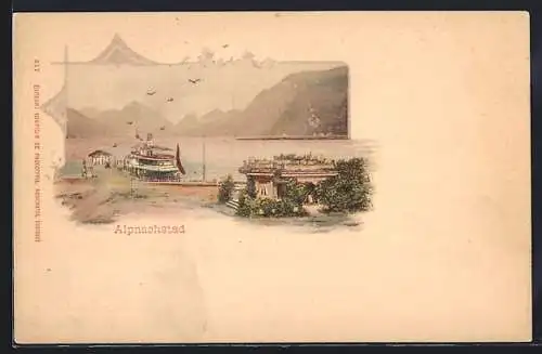 Lithographie Alpnachstad, Uferpartie mit Dampfer