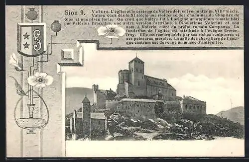 AK Sion, Panorama mit Schloss, Wappen, Passepartout