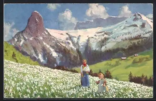 Künstler-AK Montreux, Frau und Mädchen auf einer Blumenwiese