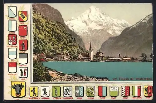 AK Flüelen, Uferpartie mit Bristenstock, Wappen von Bern, Schwyz und Glarus, Passepartout