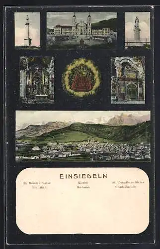 AK Einsiedeln, Kloster, Hl. Meinrad-Statue, St. Benedictus-Statue, Hochaltar, Madonna, Gnadenkapelle