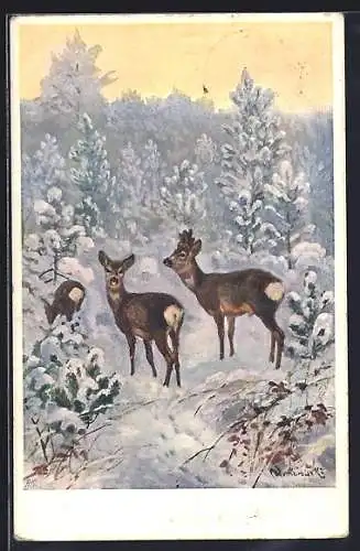 Künstler-AK Rotwild im winterlichen Wald
