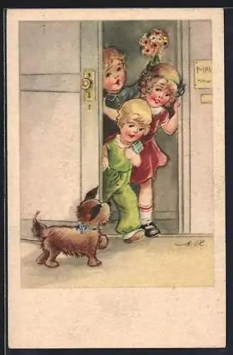 Künstler-AK Gratulanten an der Tür mit kleinem Hund