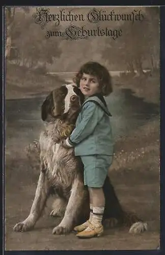 AK Knabe herzt seinen Bernhardiner, Geburtstagsgruss