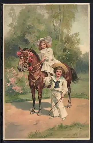 Künstler-AK Meissner & Buch (M&B) Nr.1470: Junge hält ein mit Rosen geschmücktes Pferd auf dem ein Mädchen sitzt