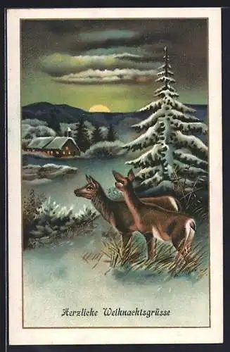 AK Hungrige Rehe blicken auf ein Dorf, Weihnachtsgruss