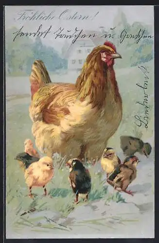 AK Huhn mit Küken als Ostergruss