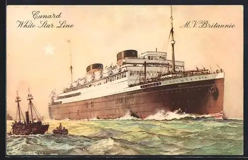 Künstler-AK Passagierschiff M.V. Britannic in voller Fahrt, Cunard White Star Liner