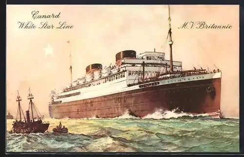 Künstler-AK Passagierschiff M.V. Britannic in voller Fahrt, Cunard White Star Liner
