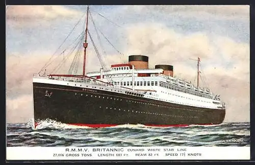 Künstler-AK Passagierschiff R.M.M.V. Britannic in Fahrt auf See, Cunard White Star Line