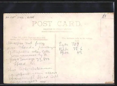 AK Passagierschiff RMS Baltic auf See, White Star Liner