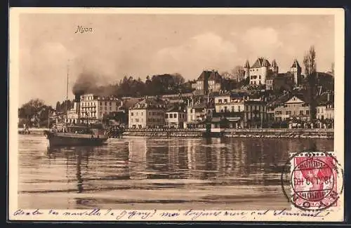 AK Nyon, Teilansicht mit Dampfer