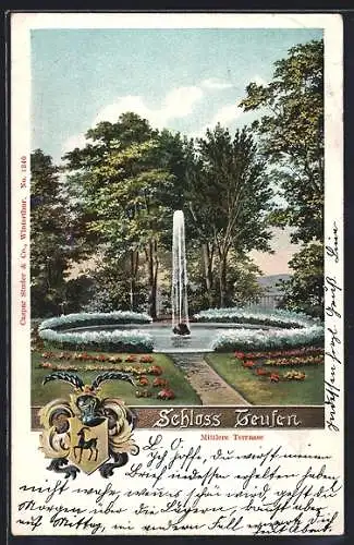 AK Teufen, Schloss, Mittlere Terrasse mit Springbrunnen, Wappen
