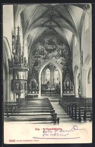 AK Zug, St. Oswaldkirche, Innenansicht mit Kanzel