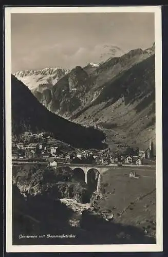 AK Göschenen, Ortsansicht mit Brücke und Dammagletscher