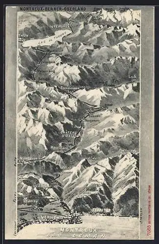 AK Montreux, Berner Oberland vom Genfersee mis zum Thunersee, Landkarte