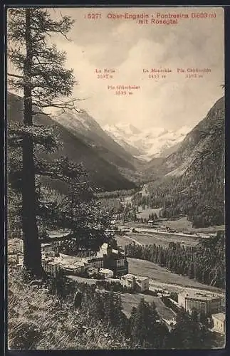 AK Pontresina /Ober-Engadin, Teilansicht mit Blick ins Rosegtal