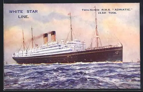 Künstler-AK sign. B. Black: Passagierschiff Twin-Screw R. M. S. Adriatic unter Dampf mit Möwen