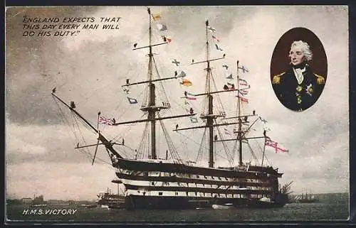 AK Kriegsschiff HMS Victory in Flaggengala, Admiral Lord Nelson