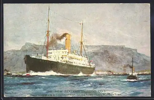 Künstler-AK Passagierschiff RMS Tondariro vor der Küste, The New Zealand Shipping Co.