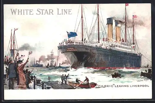 AK Liverpool, Passagierschiff Cedric leaving the harbour, White Star Line