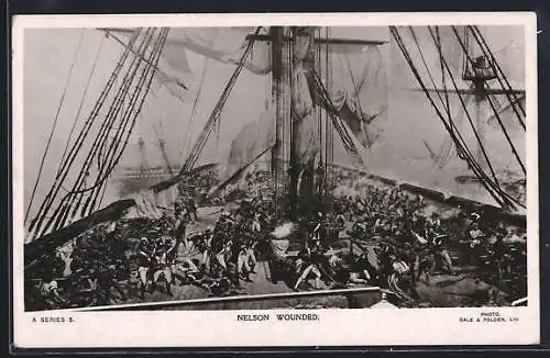 Künstler-AK Deck der HMS Victory während der Schlacht von Trafalgar, Nelson verwundet, Kriegsschiff