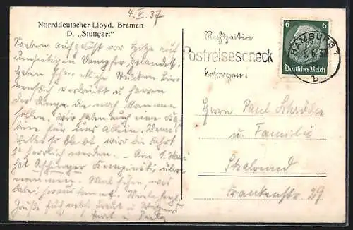 AK Passagierschiff Stuttgart auf See mit halber Kraft, Nordd. Lloyd Bremen