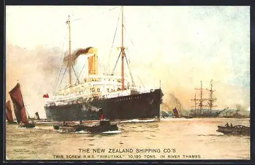 Künstler-AK Passagierschiff R.M.S. Rimutaka bei der Hafenausfahrt auf der Themse