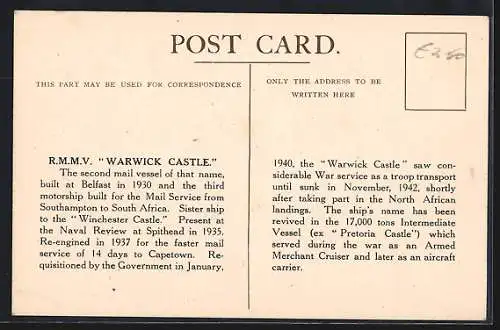 AK Passagierschiff Warwick Castle, The Union-Castle Mail Motorship