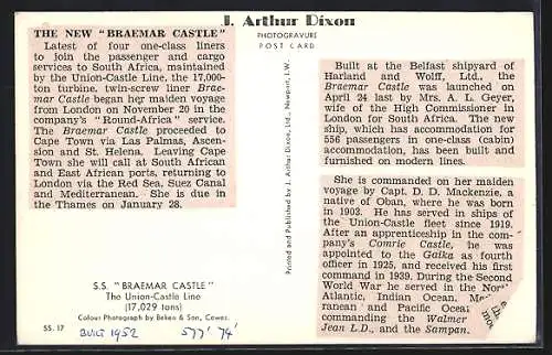 AK Steamer SS Braemar Castle, Union-Castle Line