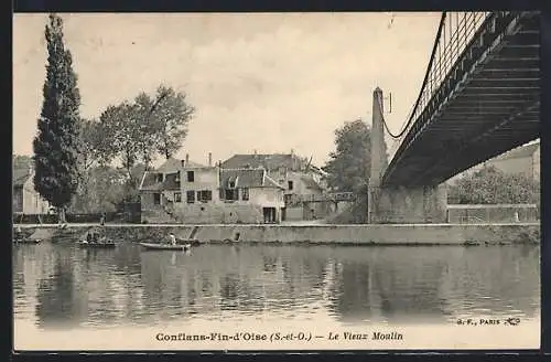 AK Conflans-Fin-d`Oise, Le Vieux Moulin et le pont sur la rivière