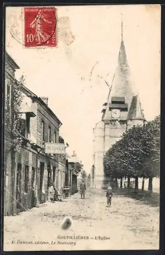 AK Goupillières, L`Église et rue principale avec passants