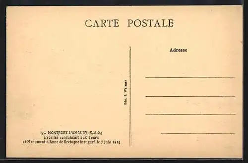 AK Montfort-l`Amaury, Escalier conduisant aux Tours et Monument d`Anne de Bretagne inauguré en 1914