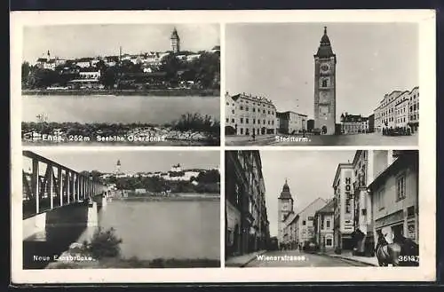 AK Enns, Ortsansicht, Stadtturm, Neue Ennsbrücke, Wienerstrasse