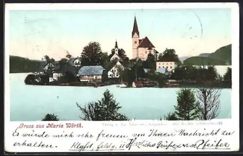 AK Maria Wörth, Ortsansicht über den See