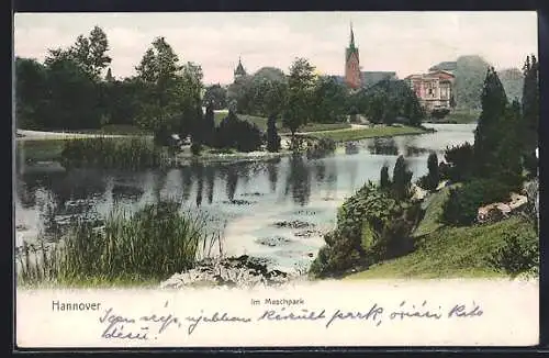 AK Hannover, Im Maschpark, mit Gewässser und Türmen