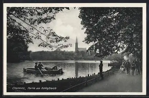 AK Chemnitz, Partie am Schlossteich, mit Kirche, Boot u. Promenade