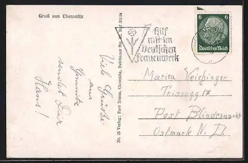 AK Chemnitz, Partie am Schlossteich, mit Kirche, Boot u. Promenade