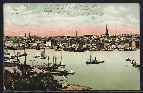 AK Kiel, Hafenpartie und Ortspanorama aus der Vogelschau