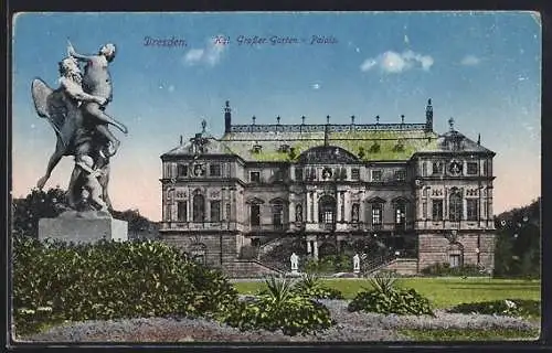 AK Dresden, Grosser Garten, Palais und Figurengruppe