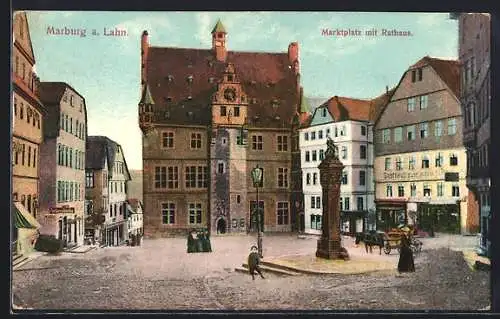 AK Marburg /Lahn, Marktplatz mit Rathaus und Gasthaus