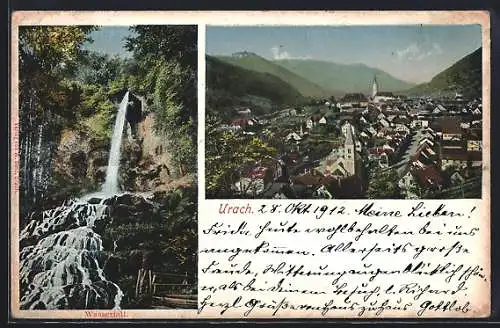 AK Bad Urach, Wasserfall, Panorama der Ortschaft