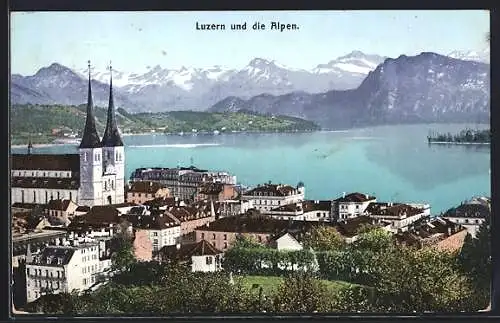 AK Luzern, Ortsansicht und die Alpen
