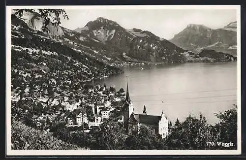 AK Weggis, Gesamtansicht mit den Alpen