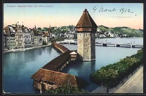 AK Luzern, Kapellbrücke und Wasserturm