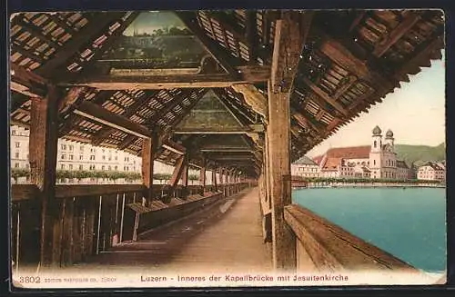 AK Luzern, Inneres der Kapellbrücke mit Jesuitenkirche